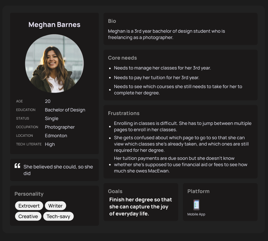 User persona: Meghan Barnes — 20 year old BSc Computer Science student at MacEwan. Core needs: manage classes, pay tuition, track degree progress. Frustrations: jumping between pages to enroll, confusion about financial aid vs fees, difficulty tracking required courses.